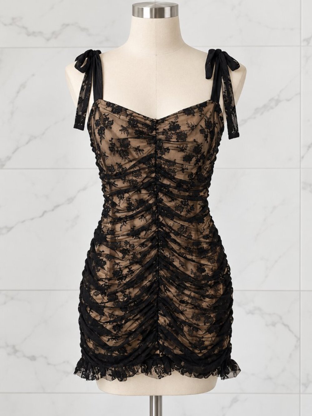 Lulus Be Mine Forever Black Floral Lace Ruched Bodycon Mini Dress coquette Small